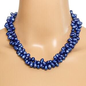 Large Vintage Blue Dyed Freshwater Pearl Bold 3 Strands Layered Torsade Necklace